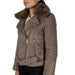 Taupe suede moto jacket with faux fur collar and belt by Guess for women