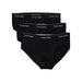 Three black Calvin Klein briefs with logo and elastic waistbands for men