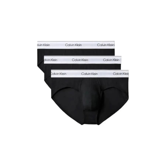 Three black Calvin Klein briefs featuring white elastic waistbands for men