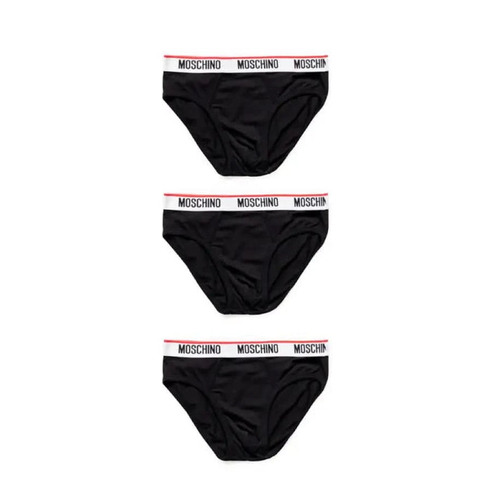 Three black Moschino briefs with white and red branded waistbands displayed on mannequin