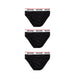 Three black Moschino briefs with white and red branded waistbands displayed on mannequin