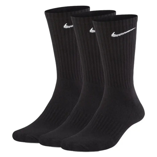 Three black Nike crew socks featuring white swoosh logos for men’s underwear