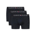 Three black Tommy Hilfiger boxer briefs with branded waistbands for men