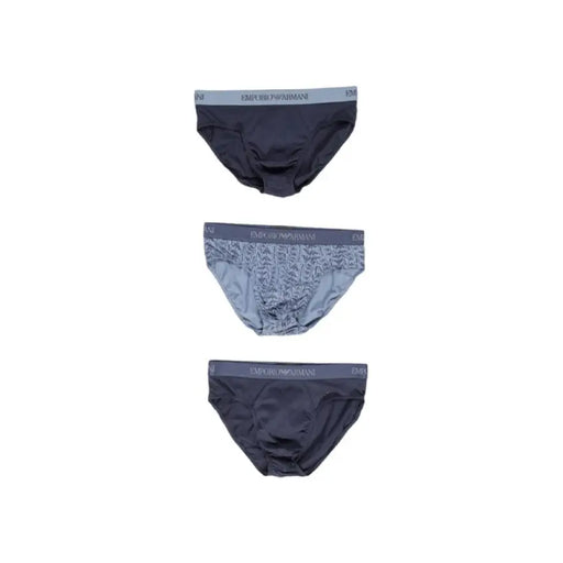 Three men’s briefs in black and gray with elastic waistbands from Emporio Armani