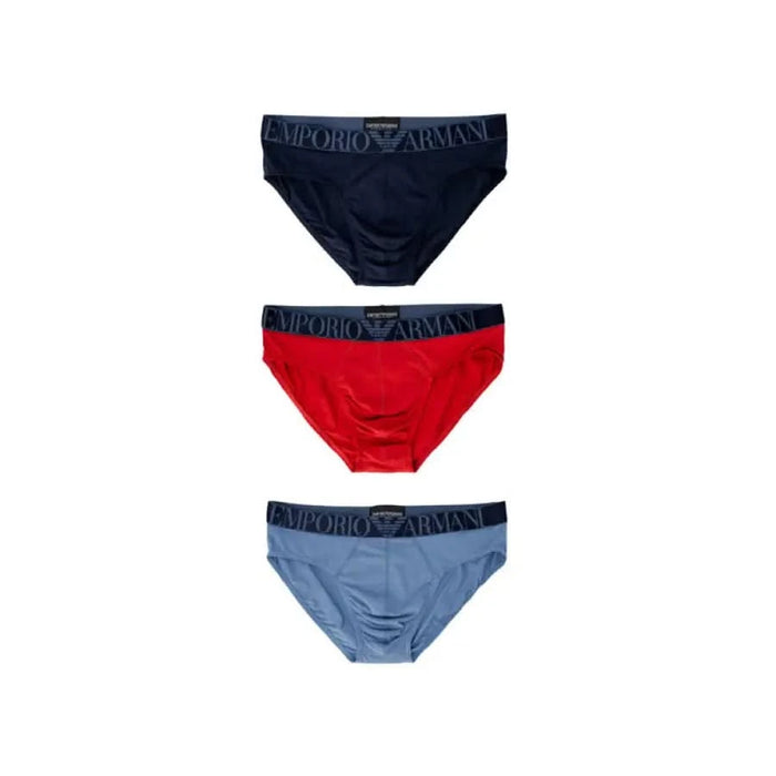 Emporio Armani men’s briefs in navy, red, and light blue from the Emporio Armani Underwear collection