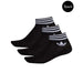 Three-pack of black Adidas ankle socks with white stripes and logo on cuffs