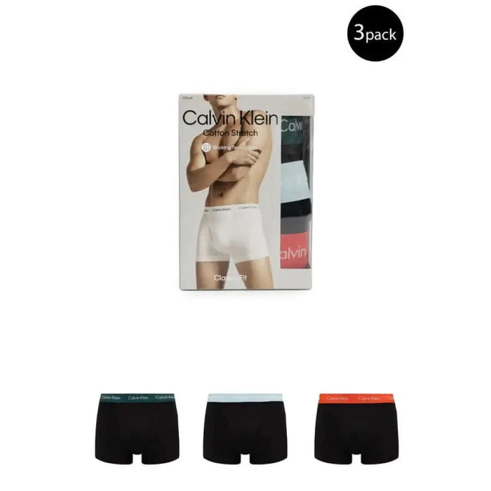 Three-pack of Calvin Klein men’s boxer briefs with colored waistbands on display