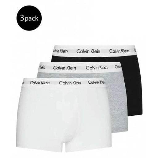 Calvin Klein Underwear three-pack of men’s boxer briefs in white, gray, and black