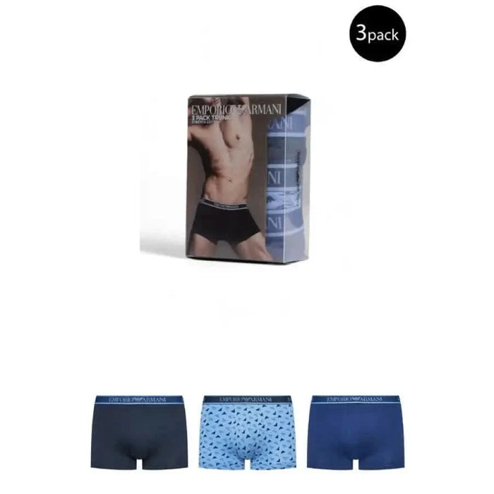 Three-pack of Emporio Armani men’s boxer briefs in blue shades for stylish comfort