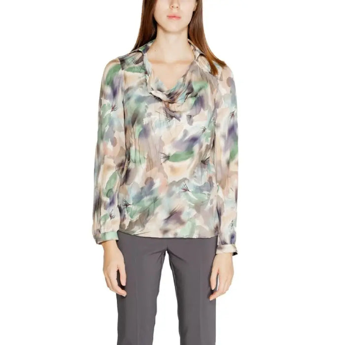 Watercolor-patterned long sleeve blouse with draped neckline by Rinascimento