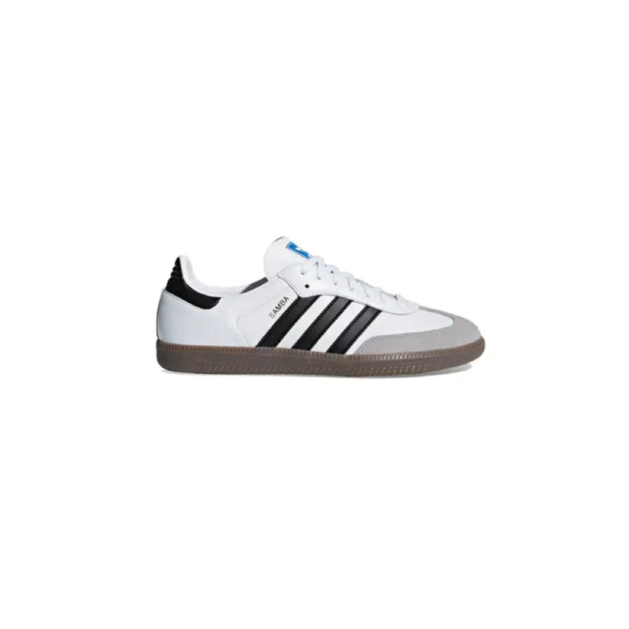 White Adidas Samba sneaker with black stripes and gum sole from Adidas Women Sneakers
