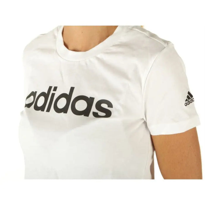 White Adidas Women’s T-Shirt featuring a black logo text design