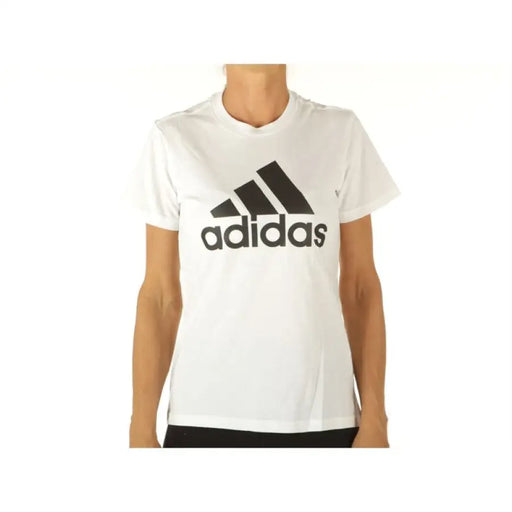 White Adidas Women T-Shirt featuring a black logo on the front