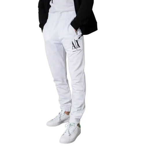 Armani Exchange white sweatpants with logo on thigh paired with white sneakers Men Trousers