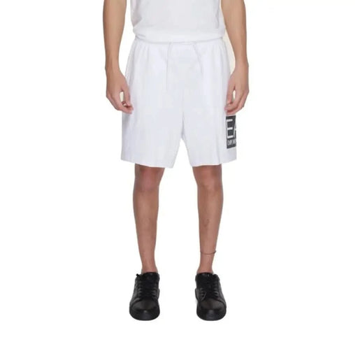 White athletic shorts with a black side logo; product: Ea7 Men Shorts