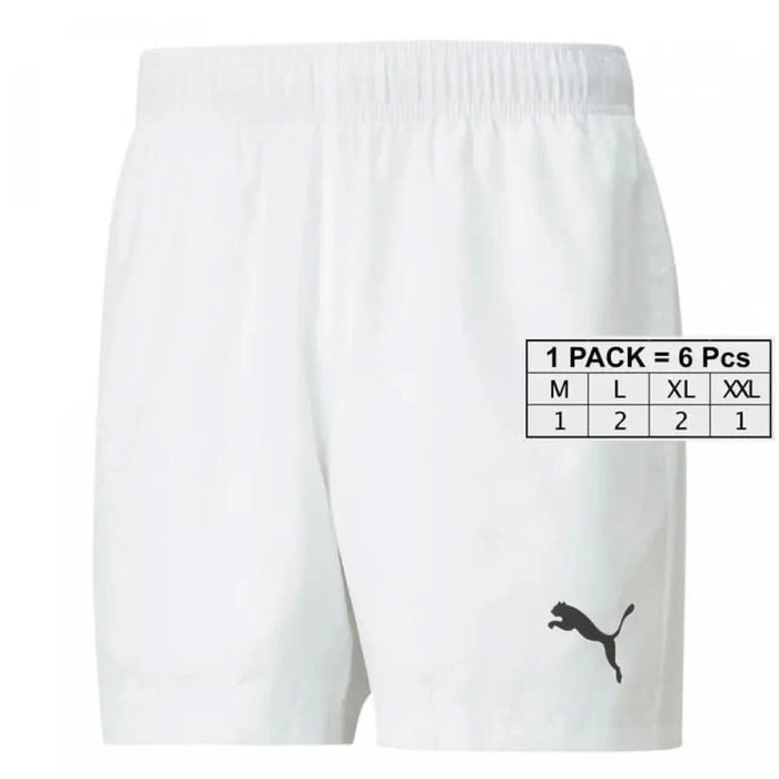 White athletic shorts with an elastic waistband featuring the Puma logo from Puma Men Shorts