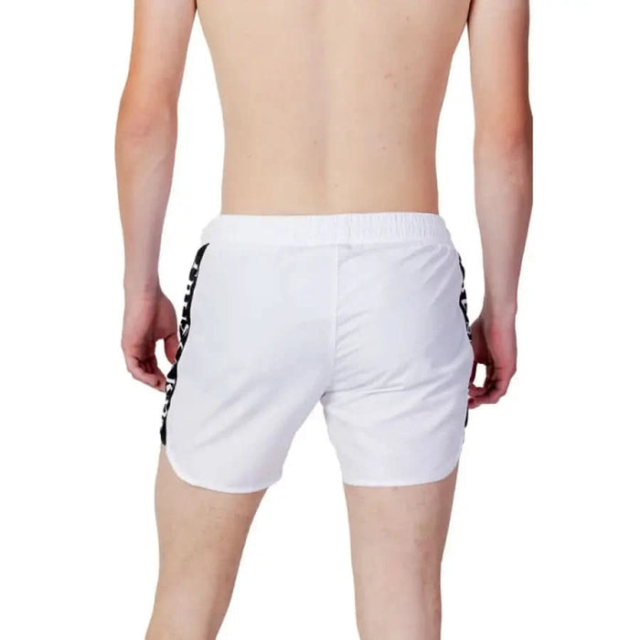 White athletic shorts with black side stripes by Trussardi Beachwear Men Swimwear