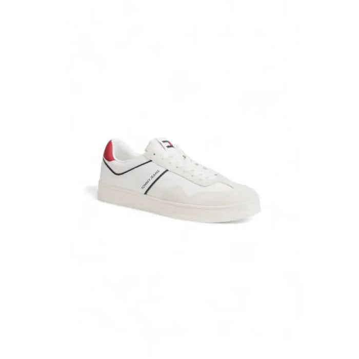 White athletic sneaker with red heel and navy blue stripes by Tommy Hilfiger