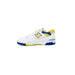 White New Balance Women Sneakers with blue and yellow accents