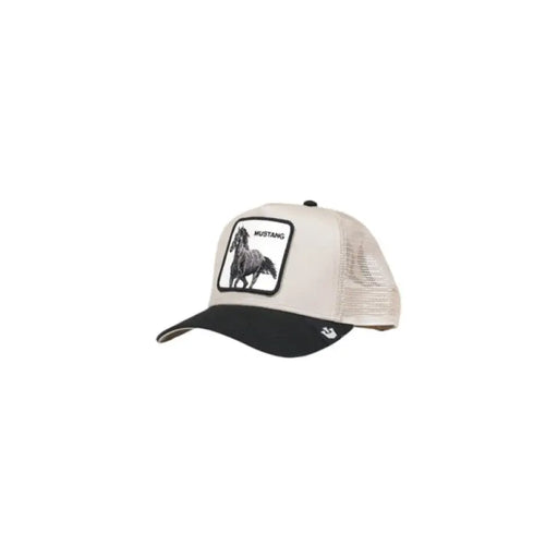 White and black trucker baseball cap featuring a horse patch by Goorin Bros