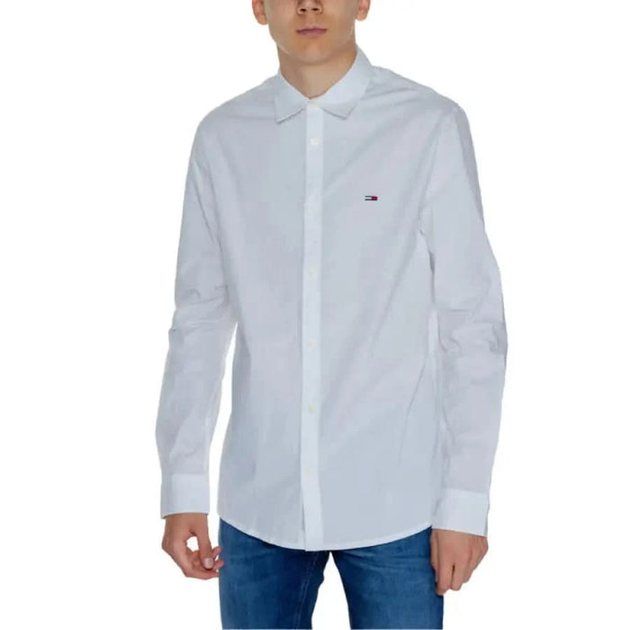 Tommy Hilfiger Jeans Men White Button-Up Dress Shirt with Chest Logo Branding