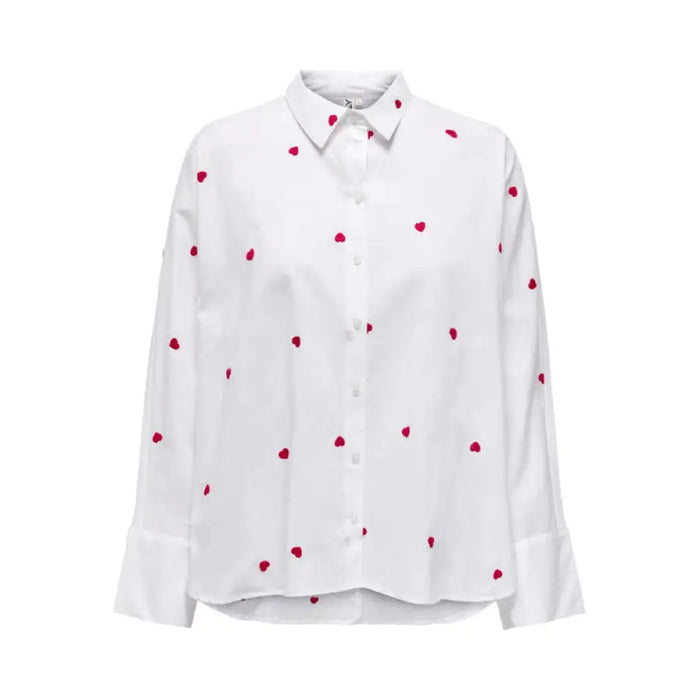 White button-up shirt with pink heart patterns from Only Women Shirt collection