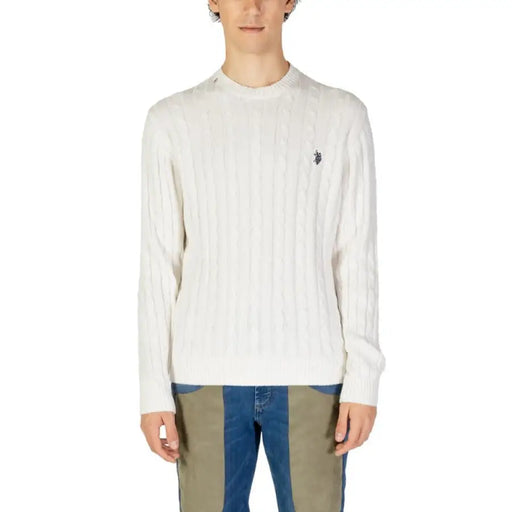 White cable-knit sweater featuring embroidered logo from US Polo Assn Men’s Knitwear