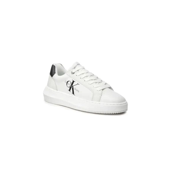 White Calvin Klein sneaker with black heel accent and CK logo, Calvin Klein Jeans Women Sneakers