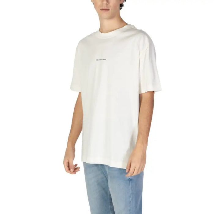 White cotton t-shirt with minimal text detail from Calvin Klein Jeans for men