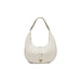 White crescent-shaped handbag with braided strap and metal emblem by Pinko