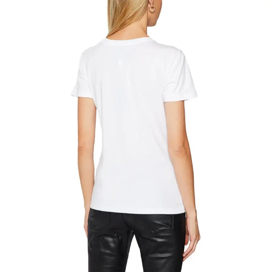 Armani Exchange women’s white crew neck t-shirt worn by blonde-haired model