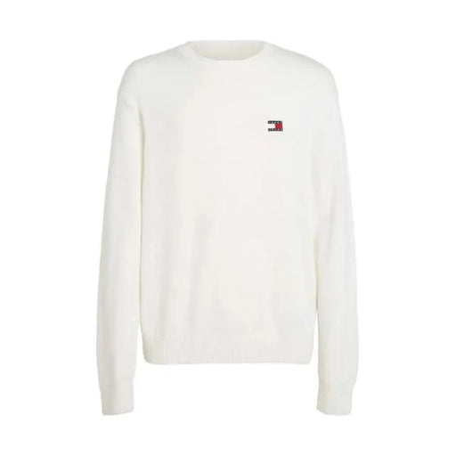 White Tommy Hilfiger crewneck sweater featuring small logo on chest