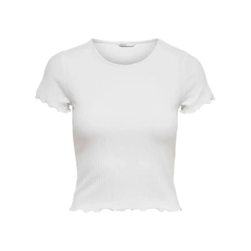 Only Women White Cropped T-Shirt with Short Sleeves and Scalloped Hem