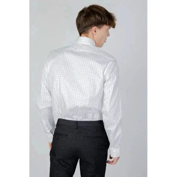 Calvin Klein Men Shirt - White dress shirt with small polka dot pattern worn from back view