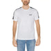 White EA7 Men T-Shirt with black shoulder stripes paired with jeans