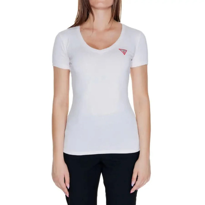 Guess Women’s T-Shirt - White fitted tee with small triangular logo on chest