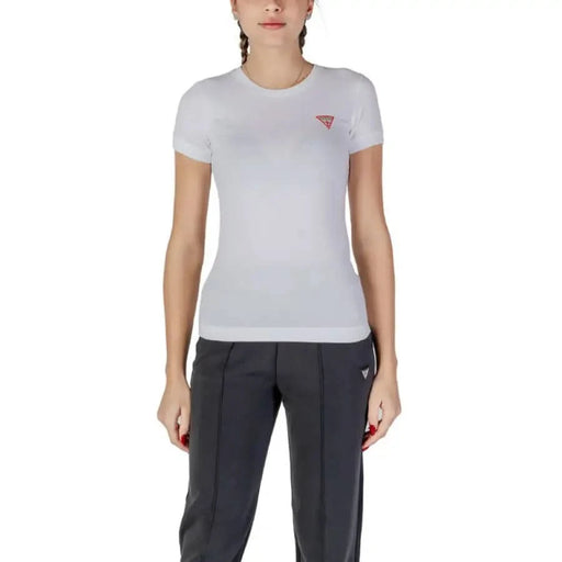 White fitted Guess Women T-Shirt featuring a small red logo on the chest