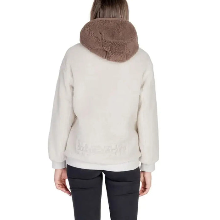 White fleece jacket with brown fur collar from back view by Napapijri Women Jacket