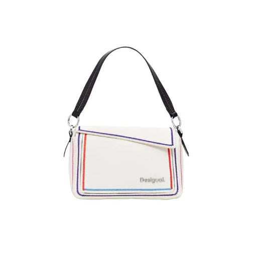 White handbag with colorful striped trim and black strap by Desigual Women Bag