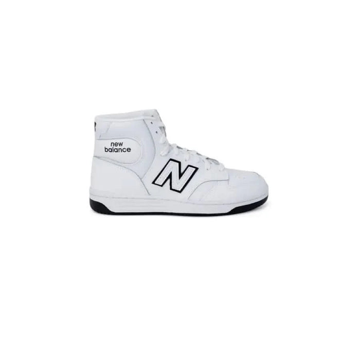 White high-top New Balance women’s sneaker with black logo and trim in New Balance product