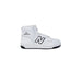 White high-top New Balance women’s sneaker with black logo and trim in New Balance product