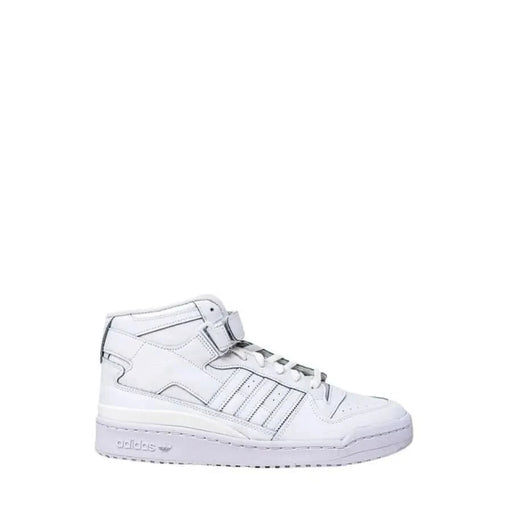 White high-top Adidas sneaker featuring distinctive branding for men