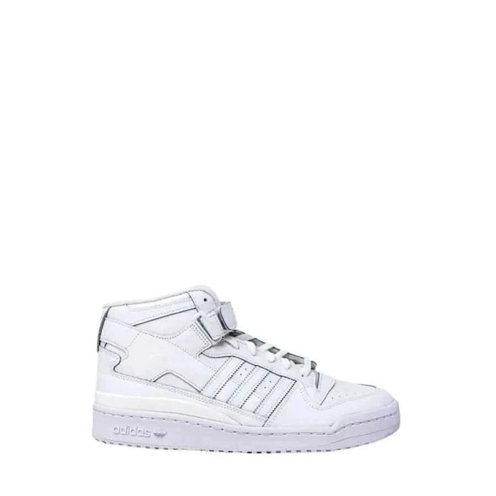 White high-top Adidas sneaker featuring distinctive branding for men