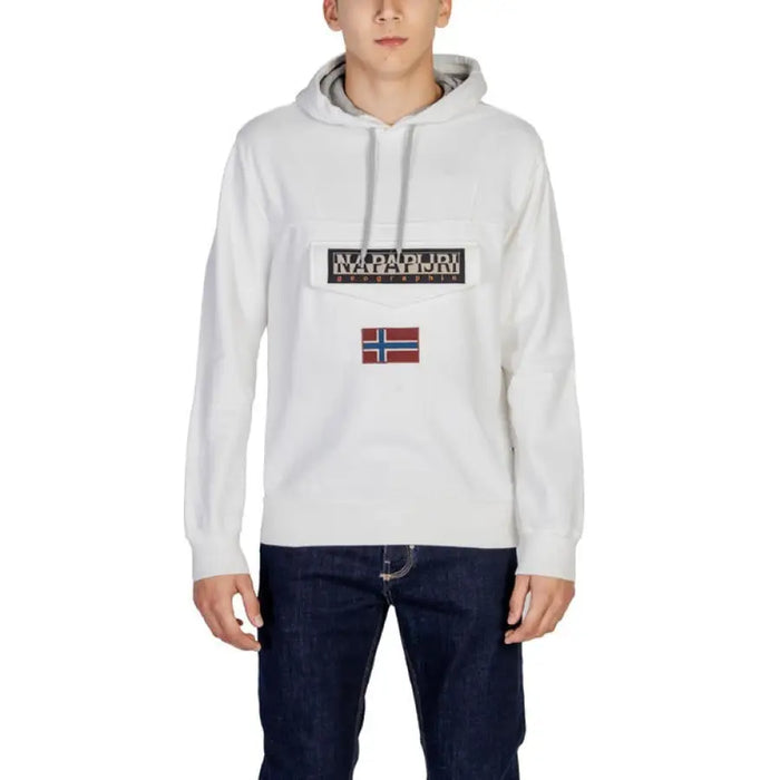 White hooded sweatshirt featuring Napapijri logo and Norwegian flag emblem for men