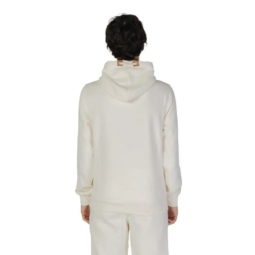 White hooded sweatsuit worn backwards featuring Hydra Clothing Men’s sweatshirt design