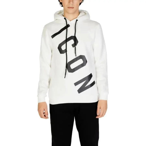 White hoodie sweatshirt for Icon Men featuring large black ’ICON’ print, stylish apparel