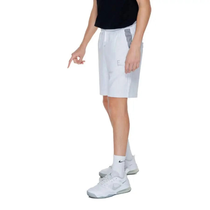 Ea7 Men White Knee-Length Athletic Shorts with Black Top and White Nike Sneakers