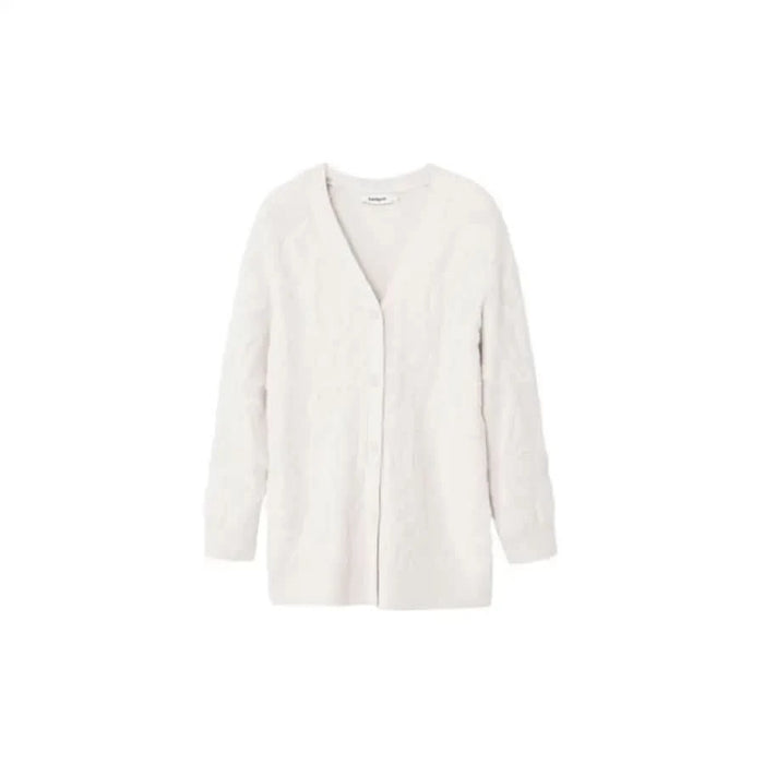 White knit cardigan sweater by Desigual featuring long sleeves and no buttons