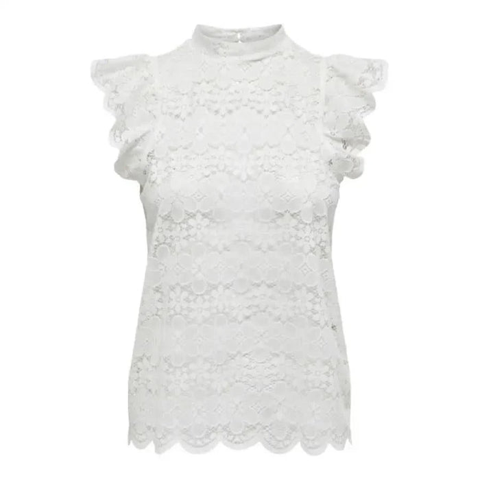 White lace sleeveless high-neck top with ruffled shoulders by Jacqueline De Yong