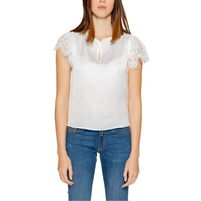 White lace-trimmed blouse with cap sleeves and keyhole neckline, Guess Women Blouse